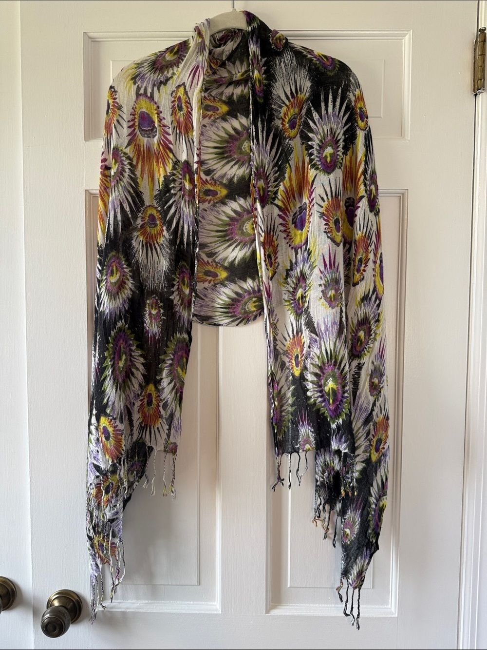 Vibrant Peacock Print Shawl Scarf in Black, White, Purple & Yellow Boho Artsy